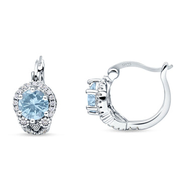 Halo Round Huggie Hoop Earrings Simulated Aquamarine 925 Sterling Silver Wholesale